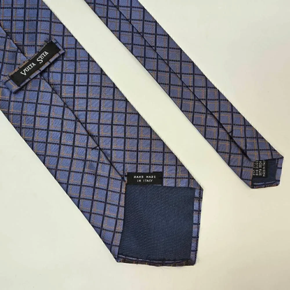 VOLTA SETA HAND MADE ITALY SILK TIE BLUE ORANGE COLOR SHIFT PLAID 3.5